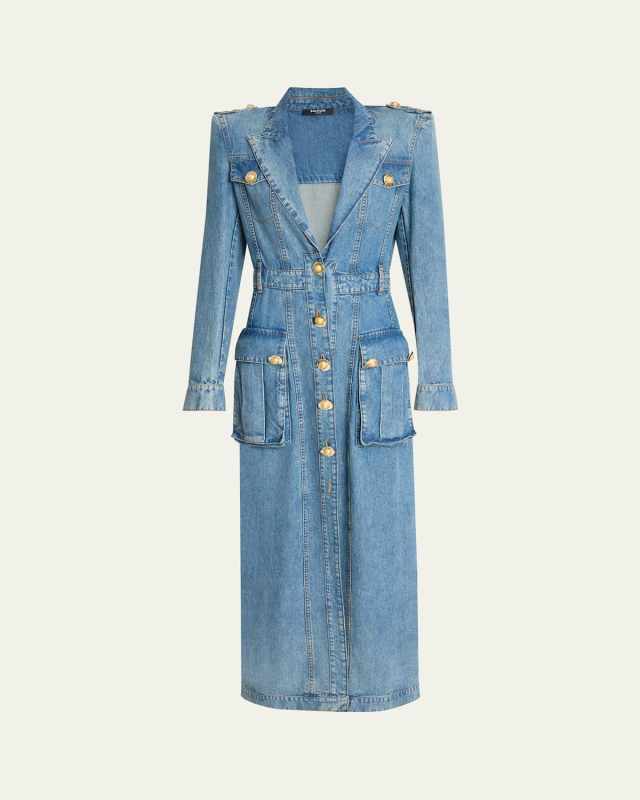 Belted Pocket Detail V-Neck Denim Midi Dress